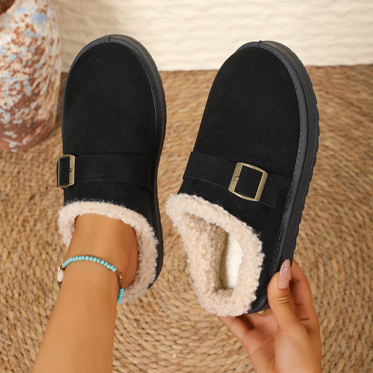 Thick Bottom Belt Buckle Fleece-lined Closed Toe Female Cotton Slippers