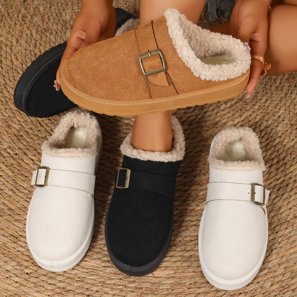 Thick Bottom Belt Buckle Fleece-lined Closed Toe Female Cotton Slippers