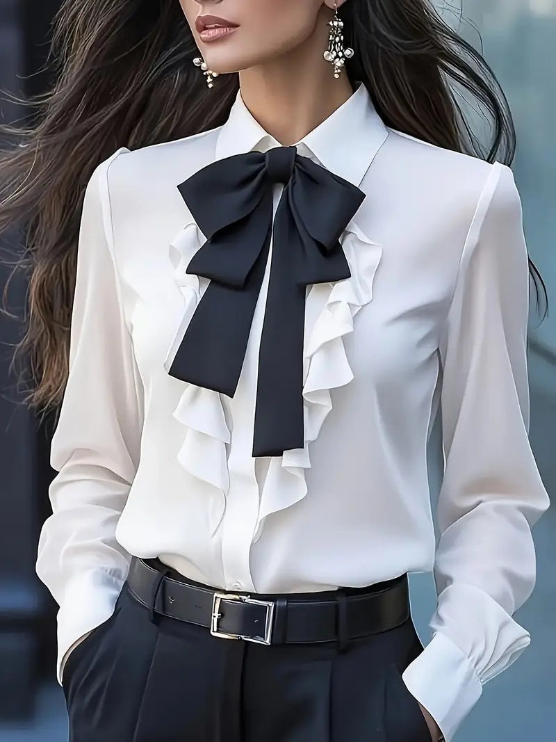 Pure Color Tied Bow Ruffled Design Shirt For Women