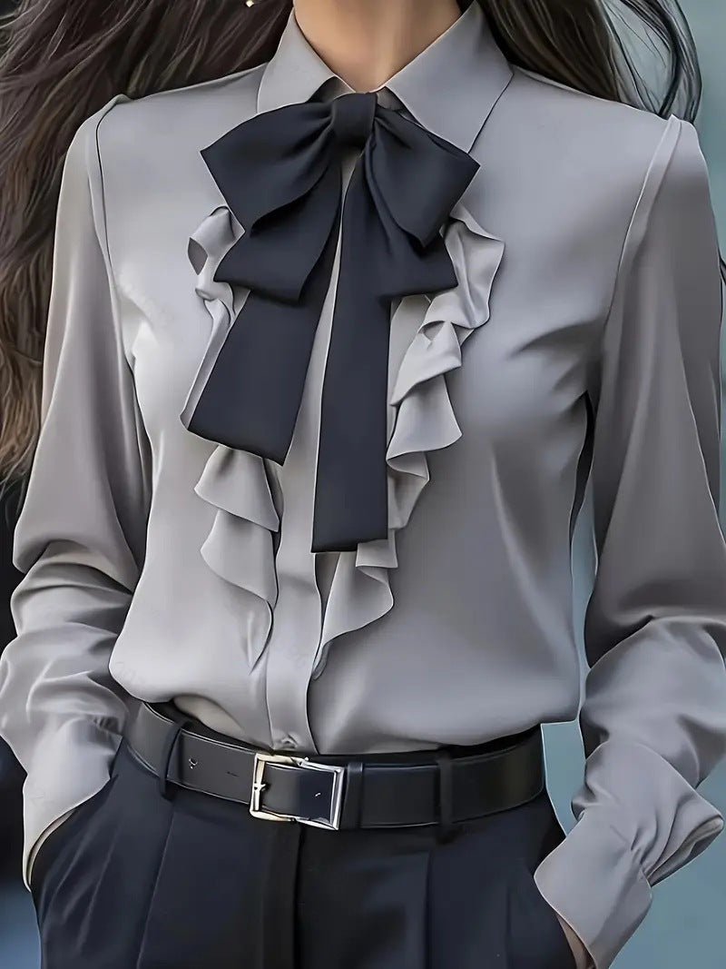 Pure Color Tied Bow Ruffled Design Shirt For Women
