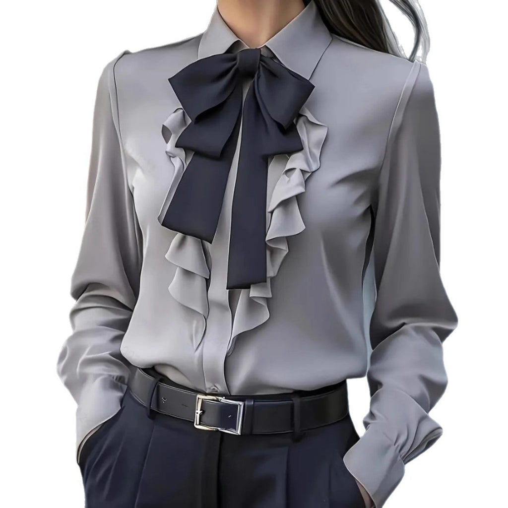 Pure Color Tied Bow Ruffled Design Shirt For Women