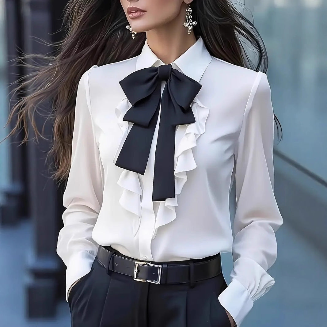 Pure Color Tied Bow Ruffled Design Shirt For Women